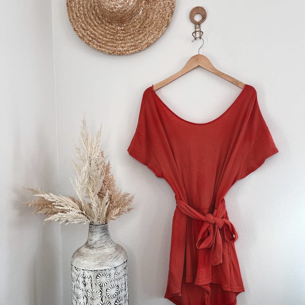 Free People Tie Open Back Burnt Orange Short Sleeve Flowy Bohemian Romper Medium